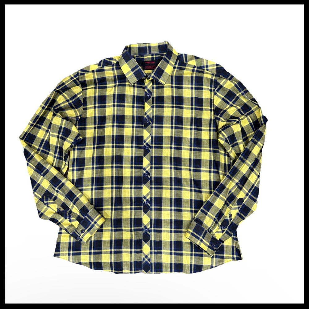 Jared Lang After Hours Button Up Shirt Men's Sz 2XL Yellow Navy Plaid Slim Fit
